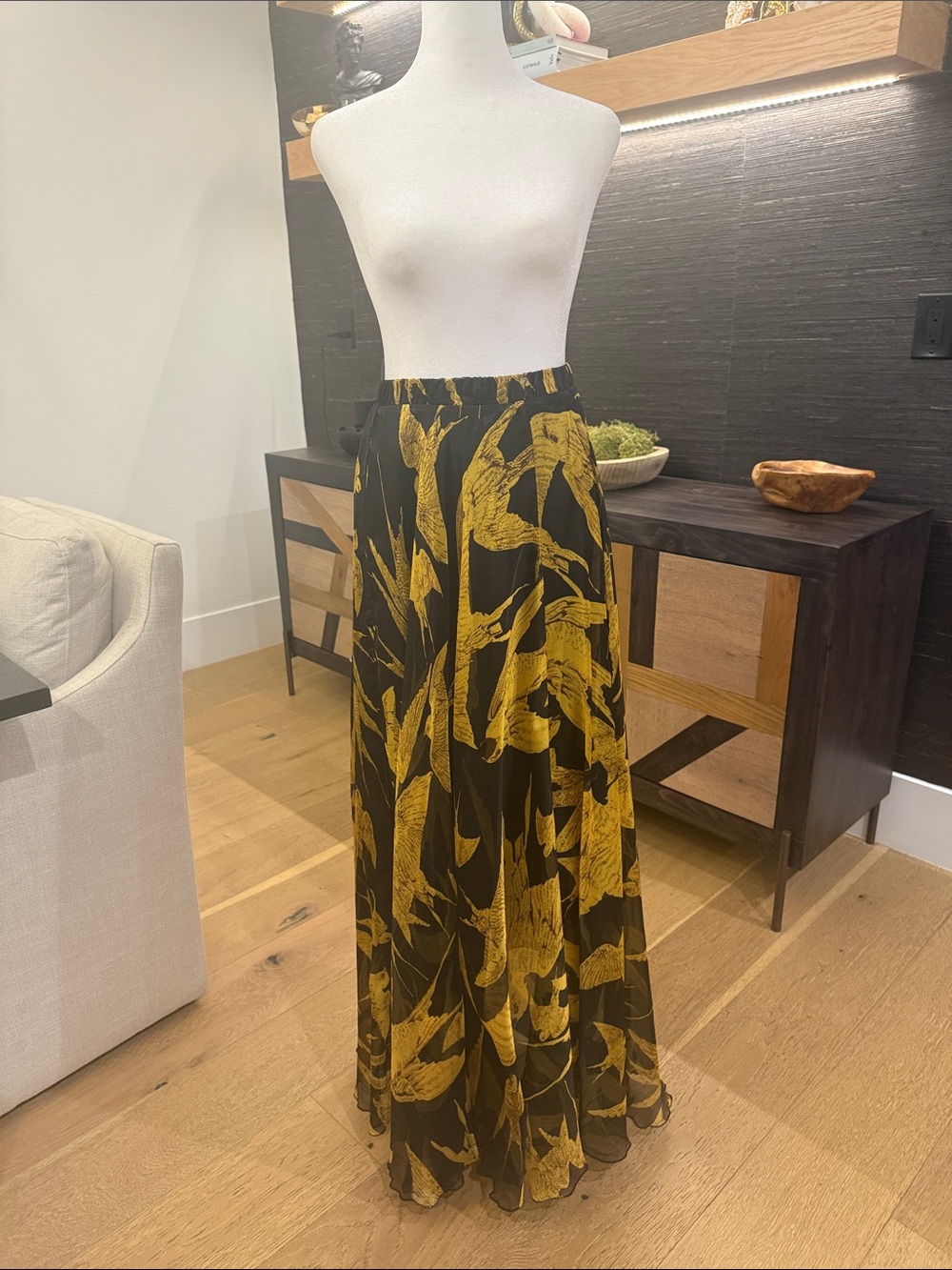 Chicwish Black and Gold Swallow Birds Print Chiffon Flowy Maxi Skirt